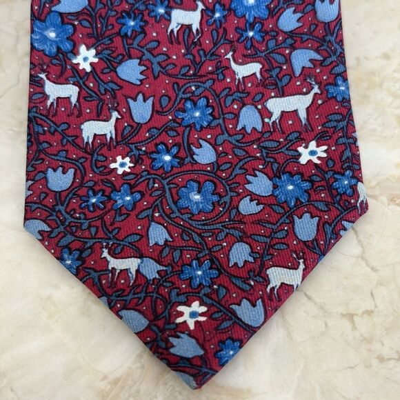 Hermès 100% Silk Printed Tie Floral & Deer - Picture 2 of 9